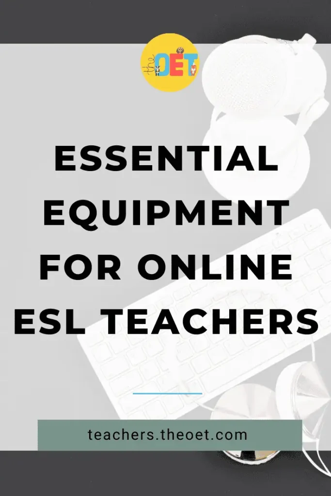 Text reads "Essential equipment for online ESL teachers" with a flatlay image of a white computer keyboard, microphone, and headset.