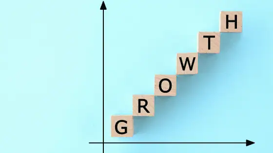 Blocks that spell growth positioned in a diagonal upwards direction.
