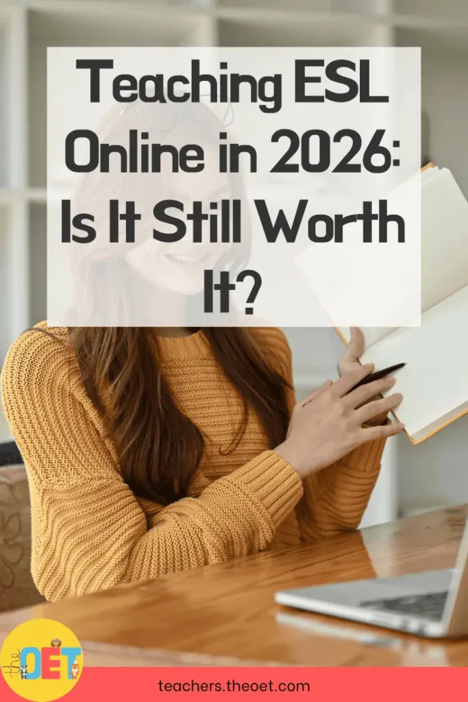 Text reads "teaching ESL online in 2026 is it still worth it" with a woman holding up a book tutoring in front of her laptop